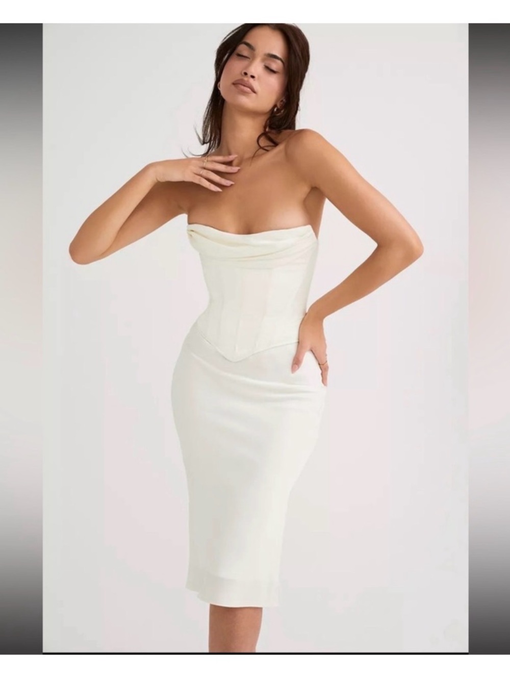 House of CB Sienna Strapless Ivory Corset Midi Dress